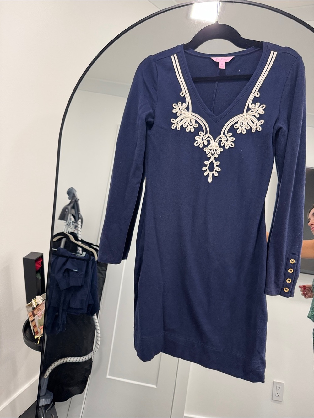 Lilly Pulitzer Navy Long Sleeve V-Neck Dress with Cream Embroidery